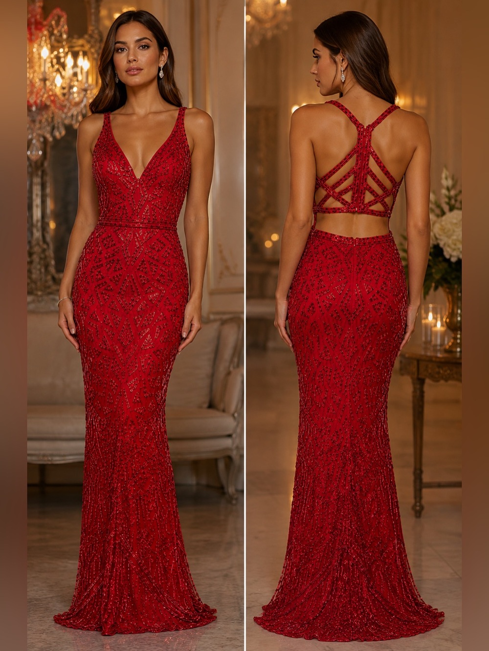 Mac Duggal Red Sequin Geometric V-Neck Open Cage Strap Back Gown 0